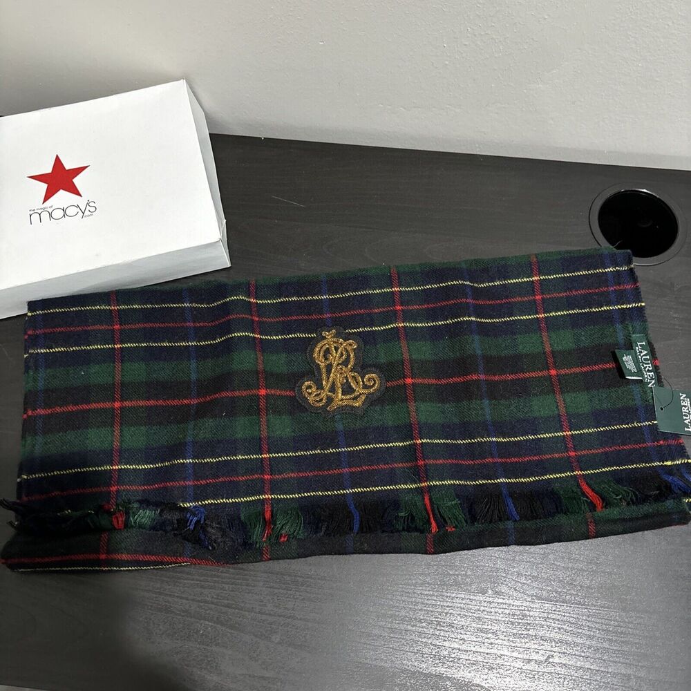 NWT LAUREN RALPH LAUREN Green Plaid Embroidered Scarf Macys RARE